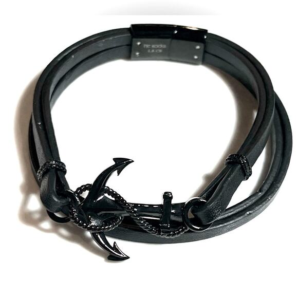 NEW He Rocks Mens BRACELET 8.5” Black Stainless Anchor 4 Leather Wrap Bands - Picture 5 of 7